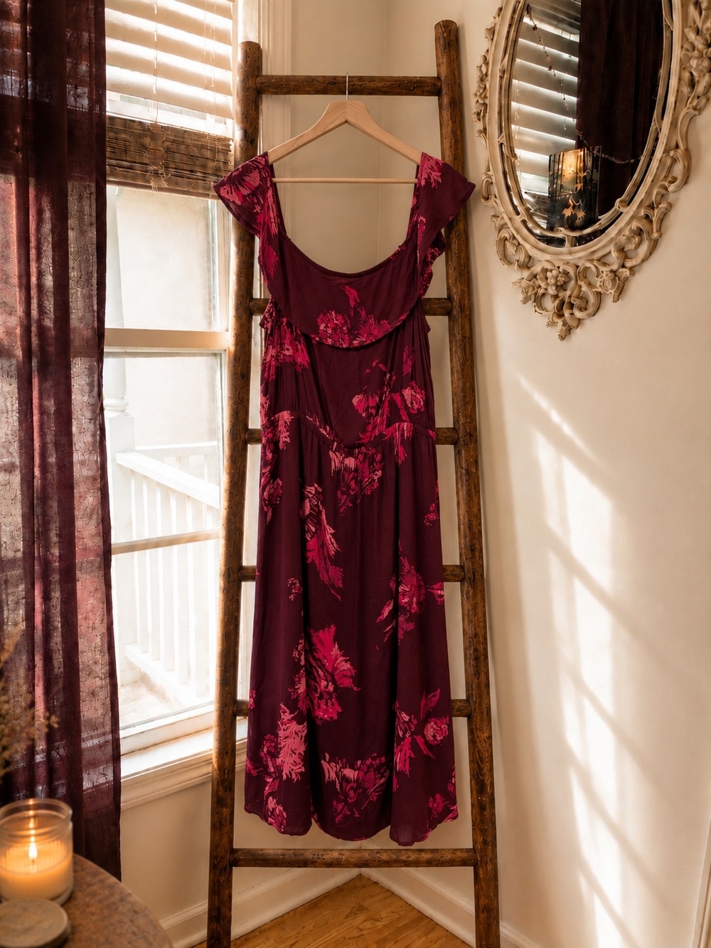 Floral Maxi Dress Ruffle Draped Neck Boho Romantic Fall
